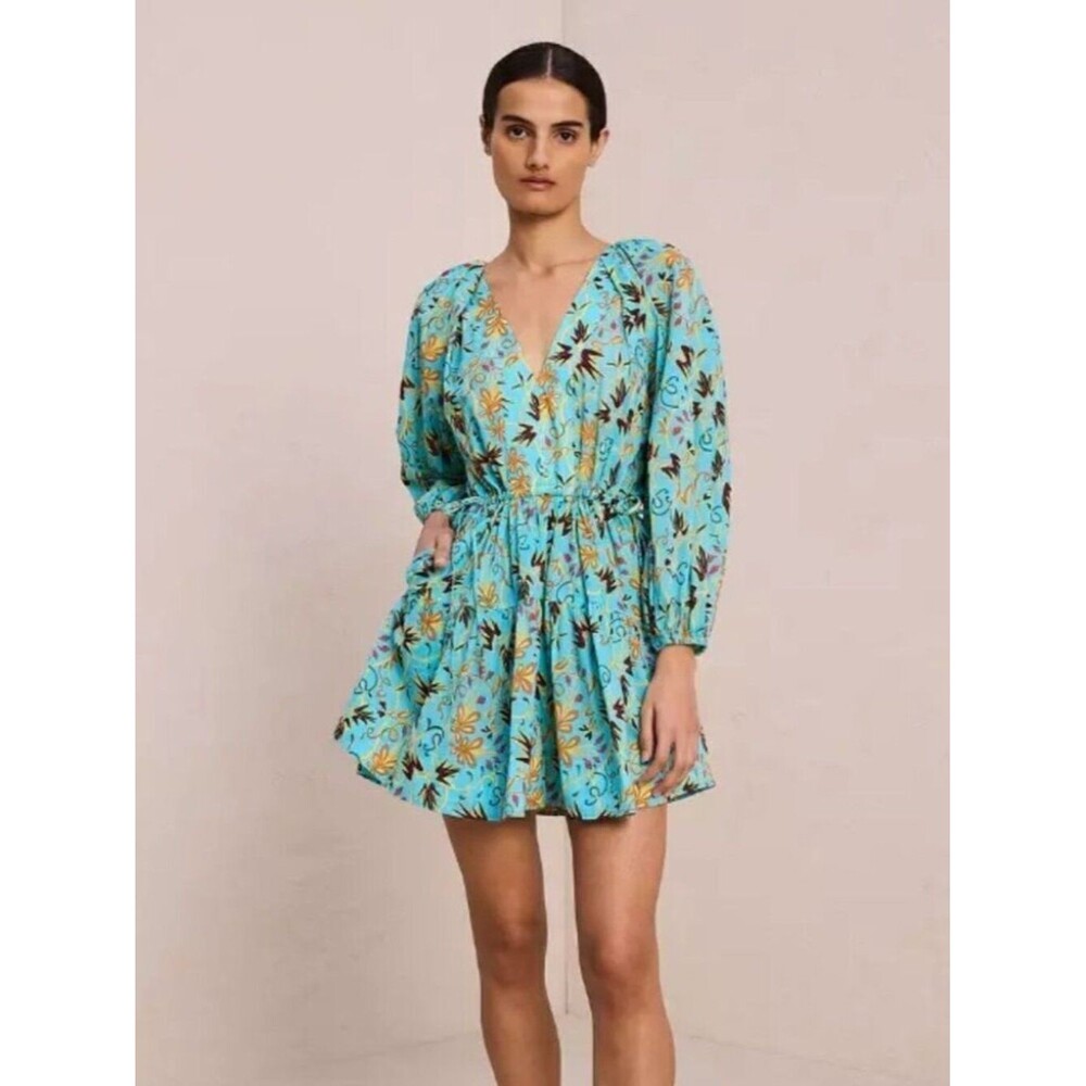 A.L.C. Sally Cinch-Tie Mini Dress in Grotto Blue Balloon sleeve Cotton Summer 8